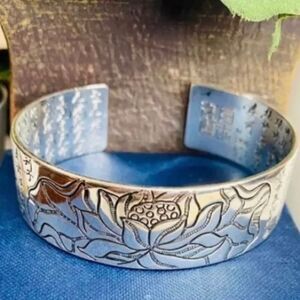 Silver Lotus Flower Open Cuff Bangle Bracelet